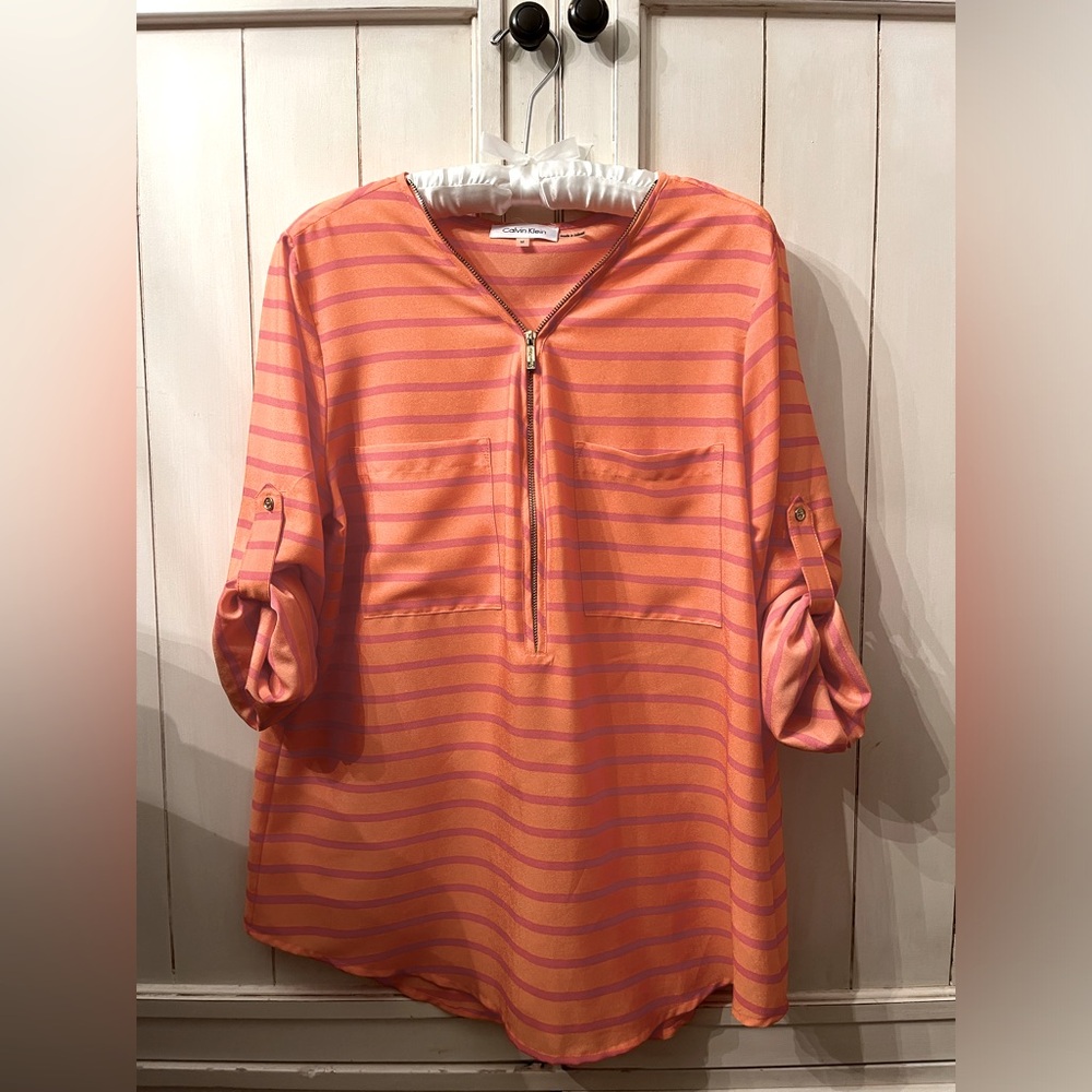 Calvin Klein Orange Pink Stripe Blouse, SZ M Excellent Condition
